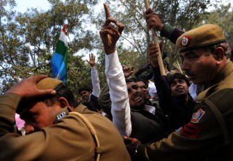 National Student Union of India members scuffle with police outside the Australian Embassy in New Delhi on January 27, 2010 during a protest against a series of attacks against Indian students in Australia. AFP photo National Student Union of India members scuffle with police outside the Australian Embassy in New Delhi on January 27, 2010 during a protest against a series of attacks against Indian students in Australia. AFP photo