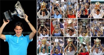 Combo picture shows tennis Roger Federer of Switzerland holding up his 16 Grand Slam titles. AFP photo Combo picture shows tennis Roger Federer of Switzerland holding up his 16 Grand Slam titles. AFP photo
