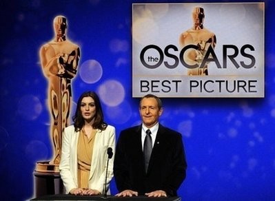Actress Anne Hathaway (L) and Academy of Motion Picture Arts and Sciences President Tom Sherak announce the nominees for the Best Picture during the 82nd Academy Awards nominations held at the Samuel Goldwyn Theater at the Academy of Motion Picture Arts and Sciences in Beverly Hills, California. Actress Anne Hathaway (L) and Academy of Motion Picture Arts and Sciences President Tom Sherak announce the nominees for the Best Picture during the 82nd Academy Awards nominations held at the Samuel Goldwyn Theater at the Academy of Motion Picture Arts and Sciences in Beverly Hills, California.