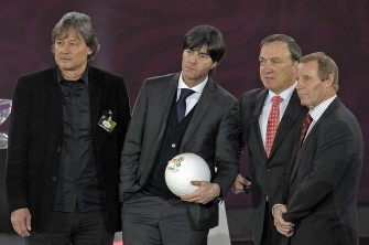 Coaches of group A (from L) Austria Dietmar Constantini, Germany Joachim Low (holding an official Euro 2012 ball), The Netherlands Dick Advocaat, and Azerbaijan Berti Vogts smile on the stage after the Euro 2012 football championship qualifying draw ceremony in Warsaw on February 7, 2010. AFP photo Coaches of group A (from L) Austria Dietmar Constantini, Germany Joachim Low (holding an official Euro 2012 ball), The Netherlands Dick Advocaat, and Azerbaijan Berti Vogts smile on the stage after the Euro 2012 football championship qualifying draw ceremony in Warsaw on February 7, 2010. AFP photo
