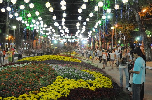 Visitors enjoy different flowers at the festival Visitors enjoy different flowers at the festival