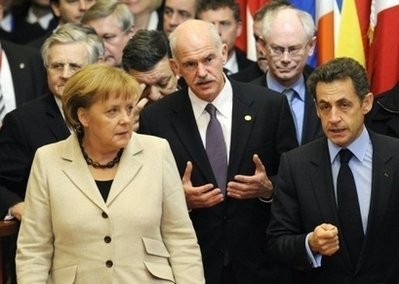 (L-R) German Chancellor Angela Merkel, Greek Prime Minister George Papandreou, EU president Herman Van Rompuy and French President Nicolas Sarkozy leave for a European Union summit focused on supporting debt-laden Greece in Brussels. (L-R) German Chancellor Angela Merkel, Greek Prime Minister George Papandreou, EU president Herman Van Rompuy and French President Nicolas Sarkozy leave for a European Union summit focused on supporting debt-laden Greece in Brussels.