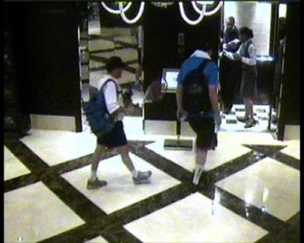 An image grab taken on February 16, 2010 from hotel surveillance camera footage, released by Dubai police, allegedly shows two murder suspects dressed as tourists in tennis outfits, following Hamas militant Mahmud al-Mabhuh (in elevator), before he was found dead in his hotel room in Dubai on January 20, 2010 (AFP photo) An image grab taken on February 16, 2010 from hotel surveillance camera footage, released by Dubai police, allegedly shows two murder suspects dressed as tourists in tennis outfits, following Hamas militant Mahmud al-Mabhuh (in elevator), before he was found dead in his hotel room in Dubai on January 20, 2010 (AFP photo)