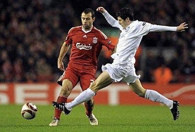 Liverpool's Argentinian midfielder Javier Mascherano (L) vies with Unirea Urziceni's Romanian defender George Galamaz during their UEFA Europa League round of 32 first leg football match at Anfield, Liverpool. AFP photo Liverpool's Argentinian midfielder Javier Mascherano (L) vies with Unirea Urziceni's Romanian defender George Galamaz during their UEFA Europa League round of 32 first leg football match at Anfield, Liverpool. AFP photo