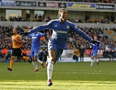 Chelsea's striker Didier Drogba celebrates scoring his second goal during their English Premier League football match against Wolverhampton Wanderers at Molineux Stadium in Wolverhampton. AFP photo Chelsea's striker Didier Drogba celebrates scoring his second goal during their English Premier League football match against Wolverhampton Wanderers at Molineux Stadium in Wolverhampton. AFP photo