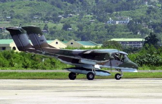 (FILES) This file photo taken on April 27, 2000 shows a Philippine Air Force OV-10 bomber plane returning to a military base in Zamboanga City after a bombing mission on the Abu Sayyaf Muslim rebel camp at nearby Basilan island. AFP photo (FILES) This file photo taken on April 27, 2000 shows a Philippine Air Force OV-10 bomber plane returning to a military base in Zamboanga City after a bombing mission on the Abu Sayyaf Muslim rebel camp at nearby Basilan island. AFP photo