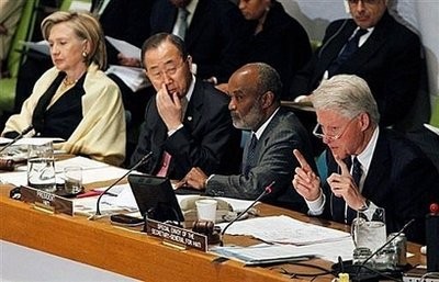 L-R: US Secretary of State Hillary Clinton, UN Secretary-General Ban Ki-moon, Haitian President Rene Garcia Preval and former US President and UN Special Envoy for Haiti Bill Clinton attend the opening session of the International Donors Conference L-R: US Secretary of State Hillary Clinton, UN Secretary-General Ban Ki-moon, Haitian President Rene Garcia Preval and former US President and UN Special Envoy for Haiti Bill Clinton attend the opening session of the International Donors Conference