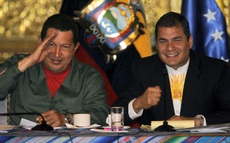 Venezuelan President Hugo Chavez (L) and his Ecuadorean counterpart Rafael Correa offer a press conference at the Carondelet presidential palace in Quito on March 26, 2010. AFP photo Venezuelan President Hugo Chavez (L) and his Ecuadorean counterpart Rafael Correa offer a press conference at the Carondelet presidential palace in Quito on March 26, 2010. AFP photo