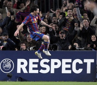 Lionel Messi celebrates after scoring the third goal during the UEFA Champions League football match between Barcelona and Arsenal at the Camp Nou stadium in Barcelona on April 6, 2010 in Barcelona. AFP PHOTO Lionel Messi celebrates after scoring the third goal during the UEFA Champions League football match between Barcelona and Arsenal at the Camp Nou stadium in Barcelona on April 6, 2010 in Barcelona. AFP PHOTO
