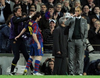 Barcelona's Lionel Messi (2nd L) celebrates scoring his fourth goal beside Barcelona's Manager Pep Guardiola (R) during the Champions League quarter-final second-leg match at Camp Nou stadium in Barcelona on April 6, 2010. Lionel Messi scored four goals and Barcelona won the game 4-1. AFP PHOTO Barcelona's Lionel Messi (2nd L) celebrates scoring his fourth goal beside Barcelona's Manager Pep Guardiola (R) during the Champions League quarter-final second-leg match at Camp Nou stadium in Barcelona on April 6, 2010. Lionel Messi scored four goals and Barcelona won the game 4-1. AFP PHOTO
