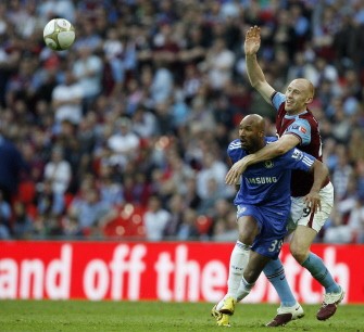 Aston Villa's Welsh defender James Collins (R) vies with Chelsea's French striker Nicolas Anelka (L) during the FA Cup semi-final football match at Wembley Stadium, London, on April 10, 2010. AFP PHOTO Aston Villa's Welsh defender James Collins (R) vies with Chelsea's French striker Nicolas Anelka (L) during the FA Cup semi-final football match at Wembley Stadium, London, on April 10, 2010. AFP PHOTO
