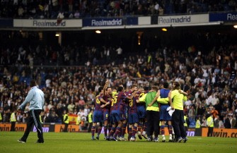 Barcelona players celebrate after beating Real Madrid in the "Clasico" win (AFP photo) Barcelona players celebrate after beating Real Madrid in the "Clasico" win (AFP photo)