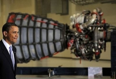 US President Barack Obama walks past a main engine of a space shuttle as he arrives to speak at Kennedy Space Center in Cape Canaveral, Florida. US President Barack Obama walks past a main engine of a space shuttle as he arrives to speak at Kennedy Space Center in Cape Canaveral, Florida.