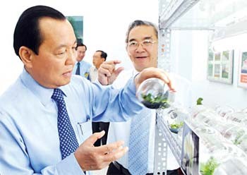 HCMC Party Secretary Le Thanh Hai examines transplanted seedlings at the Hi-tech Agriculture Park, where he attended the facility’s inauguration ceremony on April 22 (Photo: SGGP) HCMC Party Secretary Le Thanh Hai examines transplanted seedlings at the Hi-tech Agriculture Park, where he attended the facility’s inauguration ceremony on April 22 (Photo: SGGP)
