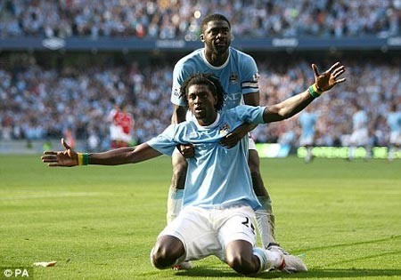 Adebayor (front) during a match he played for Manchester City Adebayor (front) during a match he played for Manchester City