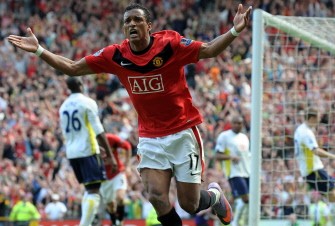 Nani celebrates scoring against Tottenham Hotspur during their English Premier League football match at Old Trafford in Manchester on April 24, 2010. AFP PHOTO Nani celebrates scoring against Tottenham Hotspur during their English Premier League football match at Old Trafford in Manchester on April 24, 2010. AFP PHOTO