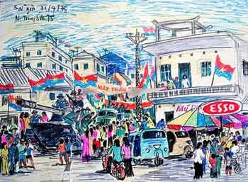 Created by painter Trung Son on April 30,1975, this painting describes a scene in which Saigon residents welcome liberation soldiers Created by painter Trung Son on April 30,1975, this painting describes a scene in which Saigon residents welcome liberation soldiers