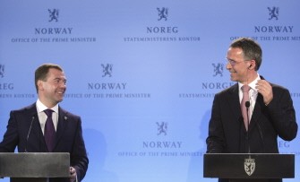 President Dmitry Medvedev (L) and Norwegian Prime Minister Jens Stoltenberg (R) smile during a press conference in Oslo on April 27, 2010. President Dmitry Medvedev (L) and Norwegian Prime Minister Jens Stoltenberg (R) smile during a press conference in Oslo on April 27, 2010.