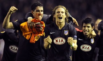 Atletico Madrid's players celebrate their knocking out Liverpool on away goals during their UEFA Europa League Semi Final second leg football match at Anfield, in Liverpool, England, on April 29, 2010. Atletico Madrid reached the Europa League final today when they defeated Liverpool in their semi-final on the away goals rule. AFP PHOTO Atletico Madrid's players celebrate their knocking out Liverpool on away goals during their UEFA Europa League Semi Final second leg football match at Anfield, in Liverpool, England, on April 29, 2010. Atletico Madrid reached the Europa League final today when they defeated Liverpool in their semi-final on the away goals rule. AFP PHOTO