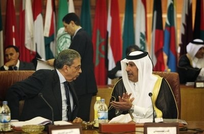Arab League Secretary General Amr Moussa, left talks with Qatari Prime Minister Sheikh Hamad bin Jassem al-Thani during an Arab League foreign ministers meeting at the Arab League headquarters in Cairo, Egypt Saturday, May 1, 2010. Arab League Secretary General Amr Moussa, left talks with Qatari Prime Minister Sheikh Hamad bin Jassem al-Thani during an Arab League foreign ministers meeting at the Arab League headquarters in Cairo, Egypt Saturday, May 1, 2010.