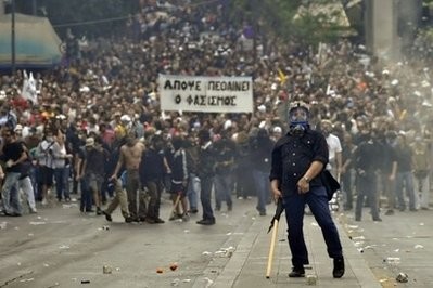 A protest near the Parliament building in the center of Athens. A protest near the Parliament building in the center of Athens.