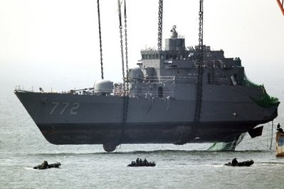 In this April 24, 2010 file photo, a giant offshore crane salvages the bow section of the South Korean naval ship Cheonan off Baengnyeong Island, South Korea In this April 24, 2010 file photo, a giant offshore crane salvages the bow section of the South Korean naval ship Cheonan off Baengnyeong Island, South Korea