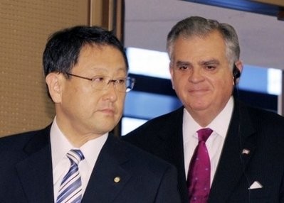 US Transportation Secretary Ray LaHood (R) follows Toyota Motors President Akio Toyoda as they enter the room to start their joint press conference in Toyota City, Aichi prefecture, Japan, on May 10. AFP photo US Transportation Secretary Ray LaHood (R) follows Toyota Motors President Akio Toyoda as they enter the room to start their joint press conference in Toyota City, Aichi prefecture, Japan, on May 10. AFP photo
