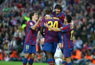 Barcelona's players celebrate after scoring during the Spanish League football match against Valladolid at Camp Nou stadium in Barcelona on May 16, 2010. AFP photo Barcelona's players celebrate after scoring during the Spanish League football match against Valladolid at Camp Nou stadium in Barcelona on May 16, 2010. AFP photo