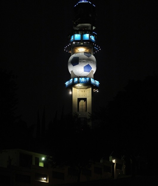 A telecommunication tower displays a football on a hill in Pretoria, South Africa, on May 31 2010. AFP PHOTO A telecommunication tower displays a football on a hill in Pretoria, South Africa, on May 31 2010. AFP PHOTO