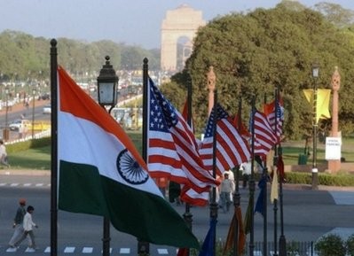 US and Indian flags fly side by side in New Delhi during a diplomatic event in the city US and Indian flags fly side by side in New Delhi during a diplomatic event in the city