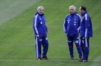 France's national football team coach Raymond Domenech (L) speaks with assistant coach Pierre Mankowski and Alain Boghossian (R) during a team training session at the Fields of Dreams stadium in Knysna on June 8, 2010. AFP photo France's national football team coach Raymond Domenech (L) speaks with assistant coach Pierre Mankowski and Alain Boghossian (R) during a team training session at the Fields of Dreams stadium in Knysna on June 8, 2010. AFP photo
