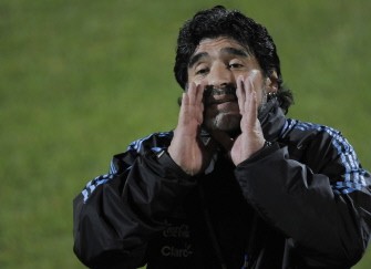 Diego Maradona talks to the press at the end of a team training session at the University's High Performance Centre in Pretoria on June 13, 2010. Diego Maradona talks to the press at the end of a team training session at the University's High Performance Centre in Pretoria on June 13, 2010.