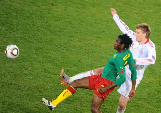 Nicklas Bendtner (R) shoots the ball past Cameroon's defender Nicolas Nkoulou during the match Cameroon vs. Denmark on June 19, 2010. AFP Nicklas Bendtner (R) shoots the ball past Cameroon's defender Nicolas Nkoulou during the match Cameroon vs. Denmark on June 19, 2010. AFP