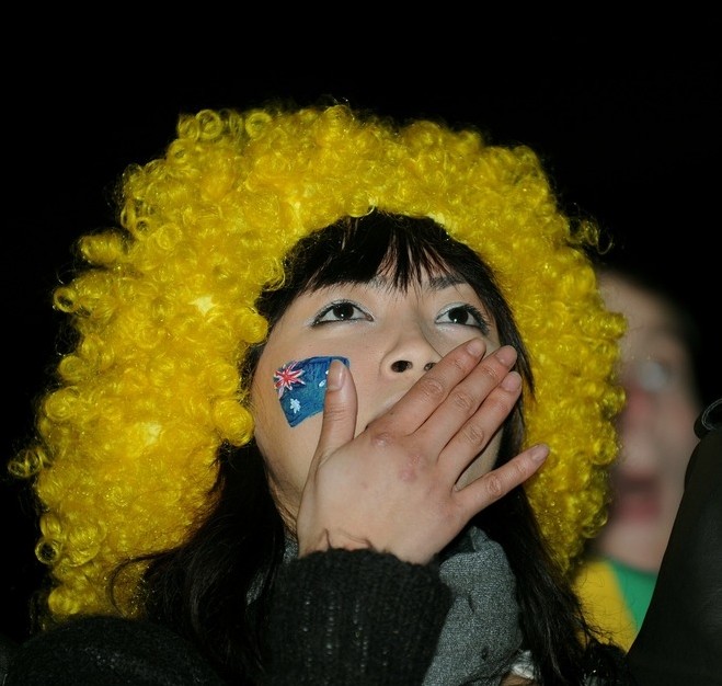 An Australian fan reacts at the FIFA Fan Fest site in Sydney on June 24, 2010 as Australia plays Serbia in the World Cup. AFP photo An Australian fan reacts at the FIFA Fan Fest site in Sydney on June 24, 2010 as Australia plays Serbia in the World Cup. AFP photo