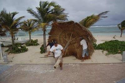 Workers remove a palm shade from the beach in preparation for the arrival of tropical storm Alex as winds begin to increase in Mahaual, Mexico, Saturday Workers remove a palm shade from the beach in preparation for the arrival of tropical storm Alex as winds begin to increase in Mahaual, Mexico, Saturday