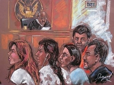 Sketch shows five of the 10 spy suspects in a New York courtroom. Sketch shows five of the 10 spy suspects in a New York courtroom.