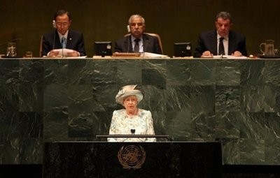 Queen Elizabeth II addresses the United Nations General Assembly July 6, 2010 in New York City. Queen Elizabeth II addresses the United Nations General Assembly July 6, 2010 in New York City.