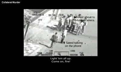 This frame grab image taken from a video shot from a U.S. army Apache helicopter gun-sight, posted at Wikileaks.org and confirmed as authentic by a senior U.S. military official, shows a group of men in the streets of the New Baghdad district of eastern Baghdad just prior to being fired upon by the helicopter July 12, 2007 This frame grab image taken from a video shot from a U.S. army Apache helicopter gun-sight, posted at Wikileaks.org and confirmed as authentic by a senior U.S. military official, shows a group of men in the streets of the New Baghdad district of eastern Baghdad just prior to being fired upon by the helicopter July 12, 2007