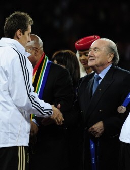 FIFA President Sepp Blatter (R) congratulates Miroslav Klose after the 2010 World Cup third place match Uruguay vs Germany on July 10, 2010. AFP FIFA President Sepp Blatter (R) congratulates Miroslav Klose after the 2010 World Cup third place match Uruguay vs Germany on July 10, 2010. AFP