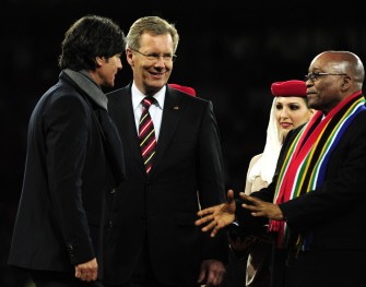 South Africa’s President Jacob Zuma (R) congratulates German President Christian Wulff (C) and Germany's coach Joachim Loew after the 2010 World Cup third place match Uruguay vs Germany on July 10, 2010 at the Nelson Mandela Bay stadium in Port Elizabeth. AFP South Africa’s President Jacob Zuma (R) congratulates German President Christian Wulff (C) and Germany's coach Joachim Loew after the 2010 World Cup third place match Uruguay vs Germany on July 10, 2010 at the Nelson Mandela Bay stadium in Port Elizabeth. AFP