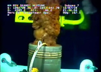 This still image from a live BP video feed shows oil gushing from a leaking BP oil well-pipe after installed a new sealing cap July 12, 2010 in the Gulf of Mexico. (AFP) This still image from a live BP video feed shows oil gushing from a leaking BP oil well-pipe after installed a new sealing cap July 12, 2010 in the Gulf of Mexico. (AFP)