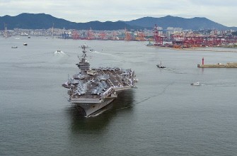 This picture released by the US Navy shows aircraft carrier USS George Washington departing Busan, South Korea on July 25, 2010. AFP This picture released by the US Navy shows aircraft carrier USS George Washington departing Busan, South Korea on July 25, 2010. AFP