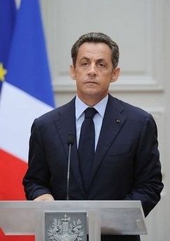 French President Nicolas Sarkozy speaks to the presse at the Elysee Palace in Paris