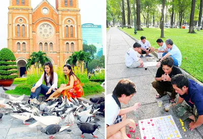 Sự thân thiện của đàn bồ câu mỗi sáng trước nhà thờ Đức Bà (ảnh trái), Những ván cờ giải trí chiều công viên (ảnh phải).