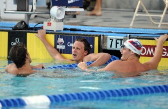 Lochte (center), Phelps (left) and Tyler Clary rest after the finish in the Men 200 LC Meter IM Final on August 6, 2010 in Irvine, California. AFP Lochte (center), Phelps (left) and Tyler Clary rest after the finish in the Men 200 LC Meter IM Final on August 6, 2010 in Irvine, California. AFP