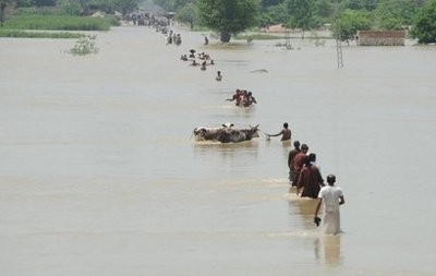 Pakistani flood survivors evacuate a flooded area near Muzaffargarh. AFP Pakistani flood survivors evacuate a flooded area near Muzaffargarh. AFP