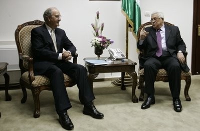 Palestinian President Mahmoud Abbas, right, speaks with U.S. Mideast envoy George Mitchell during their meeting at Abbas' office in the West Bank city of Ramallah, Tuesday, Aug. 10, 2010 Palestinian President Mahmoud Abbas, right, speaks with U.S. Mideast envoy George Mitchell during their meeting at Abbas' office in the West Bank city of Ramallah, Tuesday, Aug. 10, 2010