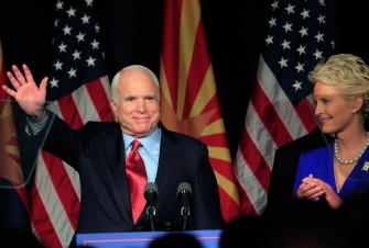 John McCain speaks to a group of supporters alongside his wife Cindy at his victory party after winning Arizona's primary election August 24, 2010 in Phoenix, Arizona. AFP John McCain speaks to a group of supporters alongside his wife Cindy at his victory party after winning Arizona's primary election August 24, 2010 in Phoenix, Arizona. AFP