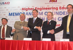 Representatives of the Vietnamese Ministry of Education and Training, the U.S. Embassy, USAID, Intel, and Arizona State University at a memorandum of understanding signing ceremony in Ho Chi Minh City August 24, 2010 (U.S. Embassy handout photo) Representatives of the Vietnamese Ministry of Education and Training, the U.S. Embassy, USAID, Intel, and Arizona State University at a memorandum of understanding signing ceremony in Ho Chi Minh City August 24, 2010 (U.S. Embassy handout photo)