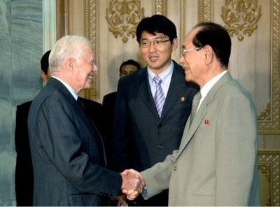 Picture received from North Korea's official Korean Central News Agency on August 26, shows former US president Jimmy Carter (L) shaking hands with Kim Yong-Nam, president of North Korean People's Assembly and number two leader. AFP Picture received from North Korea's official Korean Central News Agency on August 26, shows former US president Jimmy Carter (L) shaking hands with Kim Yong-Nam, president of North Korean People's Assembly and number two leader. AFP